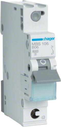 Hager MBS106. Rated current: 6 A, AC input frequency: 50/60 Hz. Type: B-type, Module quantity (max): 1