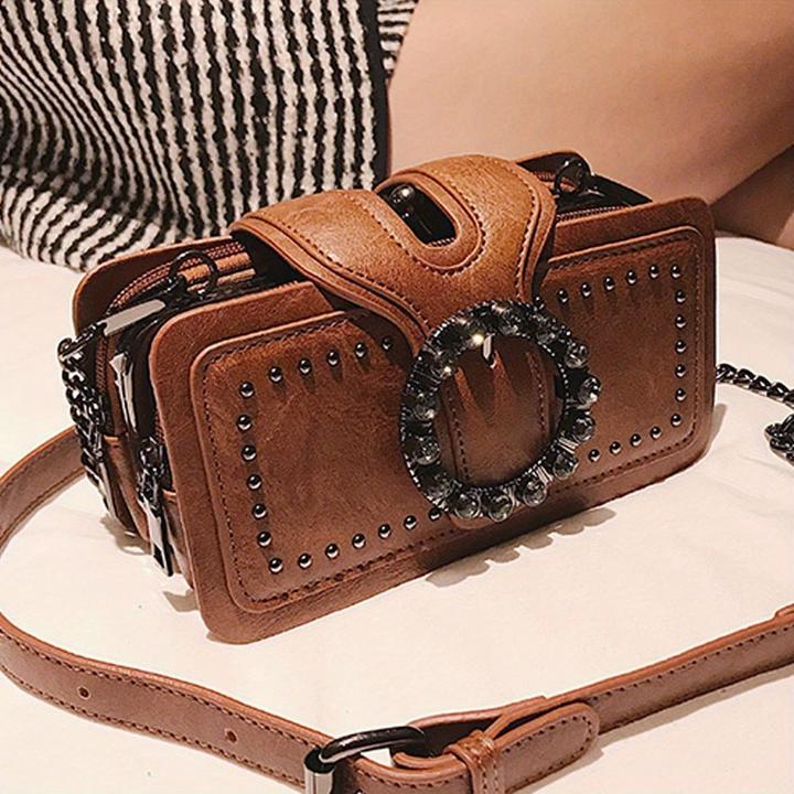 Only-Bags.Store Mode Retro-Kupplungstasche Nieten-Motorradtasche Ketten-Umhängetasche Schwarze Handytasche