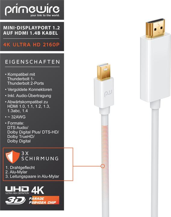 Immagine prodotto Primewire Cavo da Mini Displayport 1.2 a HDMI 4k | Porte Thunderbolt 1 e Thunderbolt 2 | 4K Ultra HD 2160p (1 m, DisplayPort, HDMI)