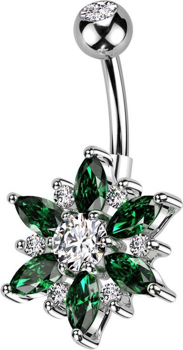 Actual product image Star Piercing Banana silver with ball silver crystal silver and flower crystals silver and green (Brass, Surgical steel 316L)