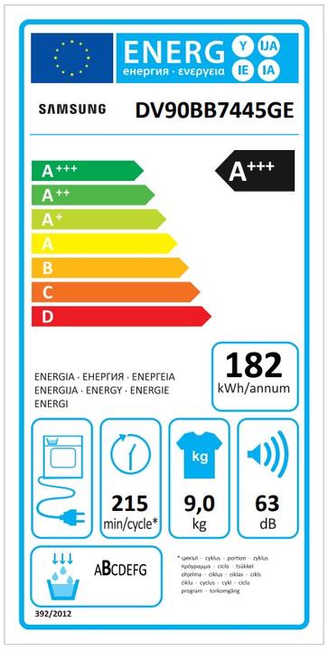 Energie-Label Samsung DV7400 (9 kg, Rechts)