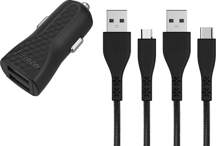 Actual product image Energizer Car Charger Lifetime Warranty - 2.4A - 1USB - incl. USB-C and Micro-USB cable