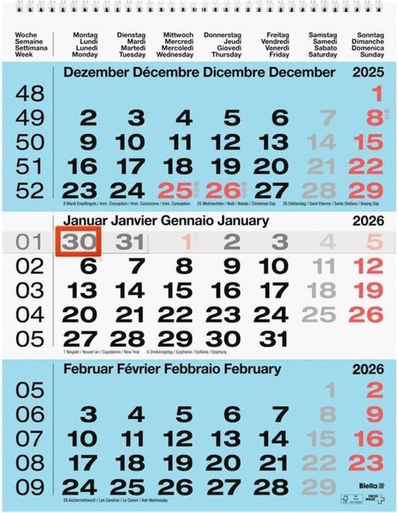 Biella Calendrier sur 3 mois (31 x 40 cm, Couverture rigide)