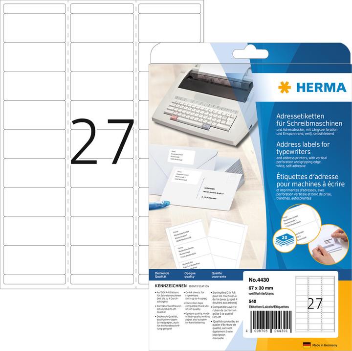 Produktbild HERMA Adressetiketten für Schreibmaschinen A4