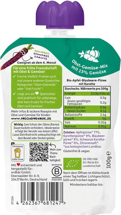 Nutritional values and ingredients Freche Freunde Squeeze bag apple, blueberry, carrot 100 g (107 g)