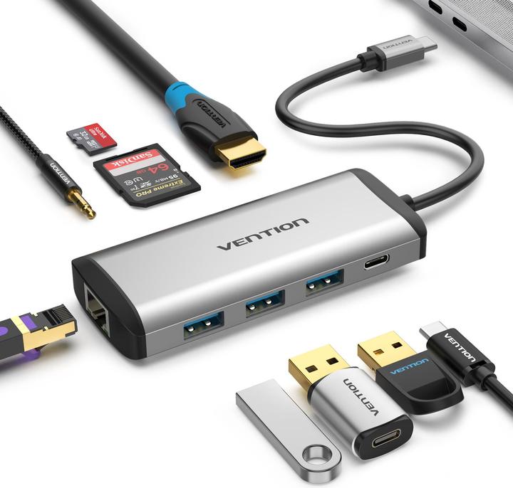 Produktbild Vention Multifunktion Adapter HDMi, 3xUSB, TF, SD, RJ45 (USB-C, 9 Ports)