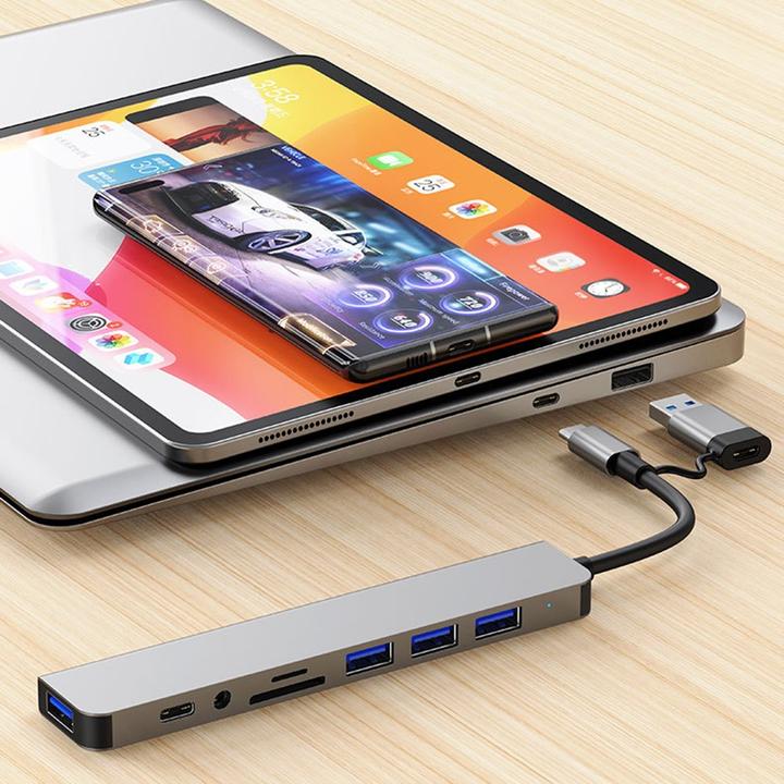 Produktbild Apfelkiste USB C/USB 3.0 Multiport Hub mit SD/MicroSD & 3.5mm Klinke – 5 Gbit/s (USB C + 4x USB A) (USB-C, 4 Ports)