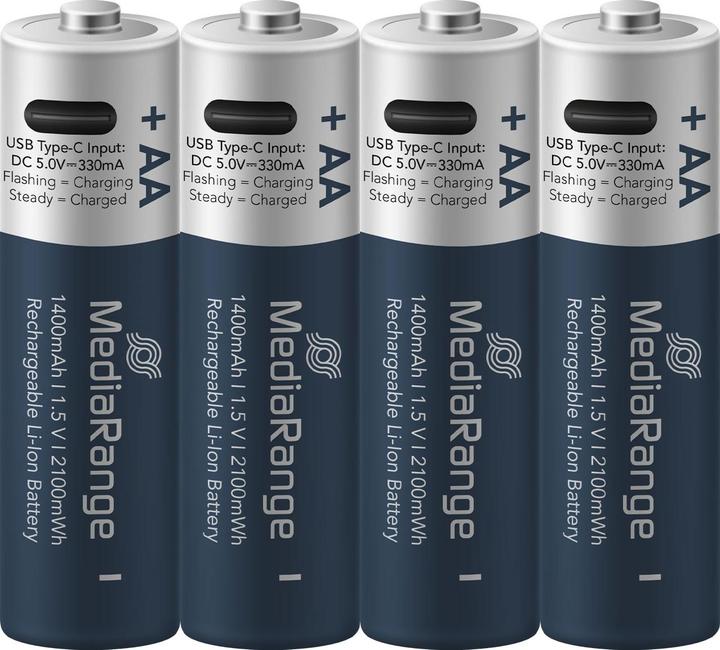 Produktbild MediaRange Rechargeable USB-C (4 Stk., AA, 1400 mAh)