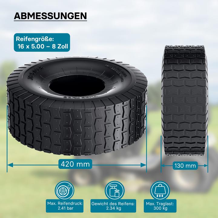 Actual product image Wiltec Lawn mower tyre 16x5.00-8 block tread pattern for ride-on mowers hand carts (Lawn tractor, Garden machinery spare parts)