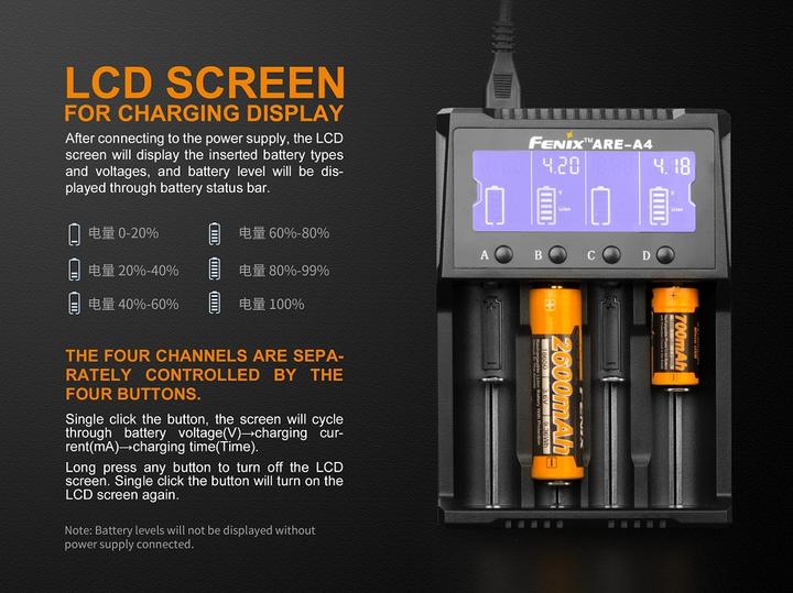 Image du produit Fenix Chargeur ARE-A4 (1 pcs, 14500, 16340, 18650, 26650, AA, AAA, Piles rechargeables + chargeur)