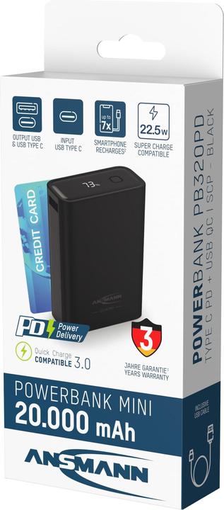 Image du produit Ansmann Banque d'alimentation 20000 mAh PB222PD noir (20000 mAh, 22.50 W, 88 Wh)