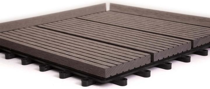 Produktbild Swisshandel24 WPC Eck-Bodenfliese Rhone + Abschluss, Holzoptik Terrasse, 30x30cm Premium Ecke rechts, grau linea (1 x, 30 x 30 cm)