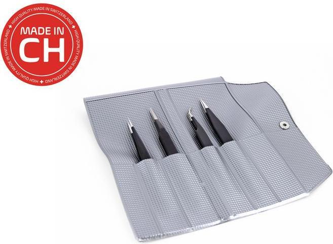 RND Satz mit 4 ESD-sicheren Pinzetten, Edelstahl, Gebogen / Fein / Flach / Rund / Sehr scharf