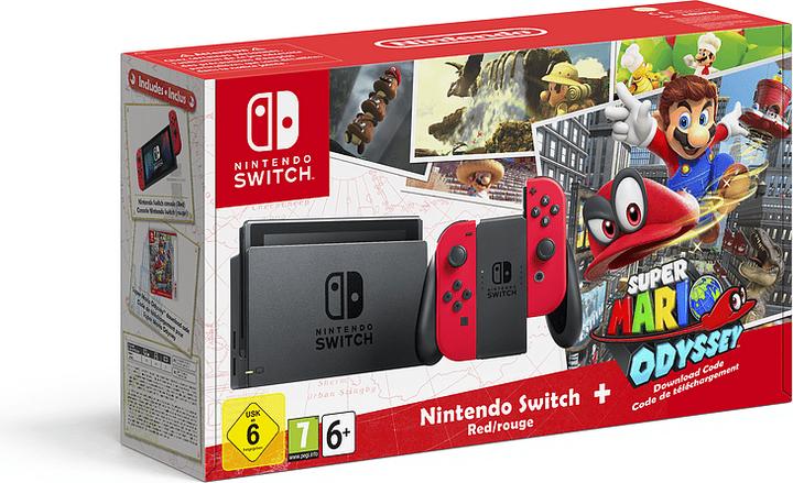 Actual product image Nintendo Switch Red + Super Mario Odyssey Download Code + The Super Mario Bros. Movie Sticker