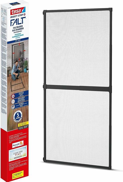 tesa FALT Insektenschutz für Türen, grössenverstellbarer Alu-Rahmen, faltbar (100 x 220 cm)