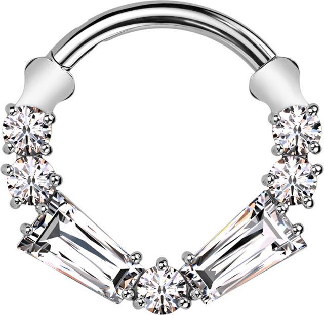 Produktbild Star Piercing Micro Segmentring klappbar silber fünf Kristalle rund zwei Kristalle Baguette (ohne Messing, Titan G23)