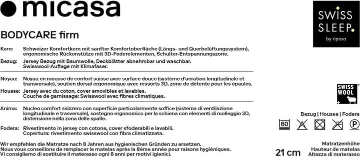 Nutritional values and ingredients SwissSleep by riposa BODYCARE firm (80 x 200 cm, Foam core)