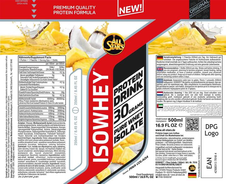 Valeurs nutritives et ingrédients All Stars Isowhey Pure (Cerise, 1 x)