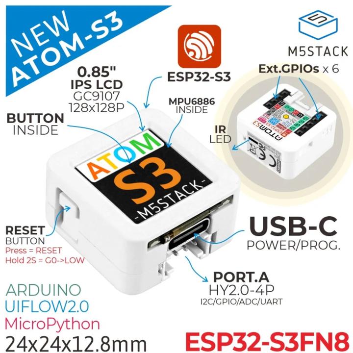 Image du produit M5Stack Kit de développement AtomS3 avec écran couleur 0,85 pouce