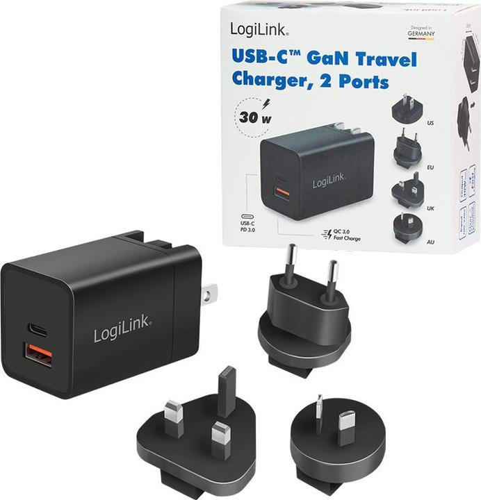 Produktbild LogiLink USB-Steckdosenreiseadapter, 1x USB-A, 1x USB-C, GaN-Technologie, 30 W (30 W)