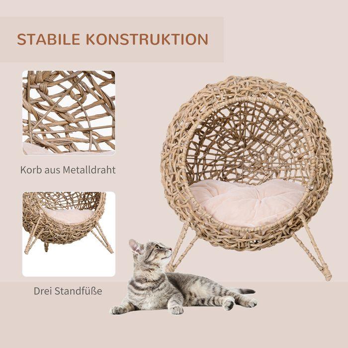 Produktbild Swisshandel24 Katzenhaus aus PE-Rattan mit Kissen Katzenschlafplatz Katzenhöhle mit erhöhten Füssen Natur Ø52 x 58 (Katze)