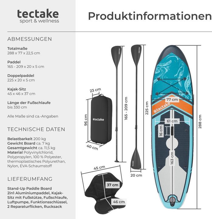 tectake Stand-Up Paddle Board, 2in1 aufblasbar, Komplettset