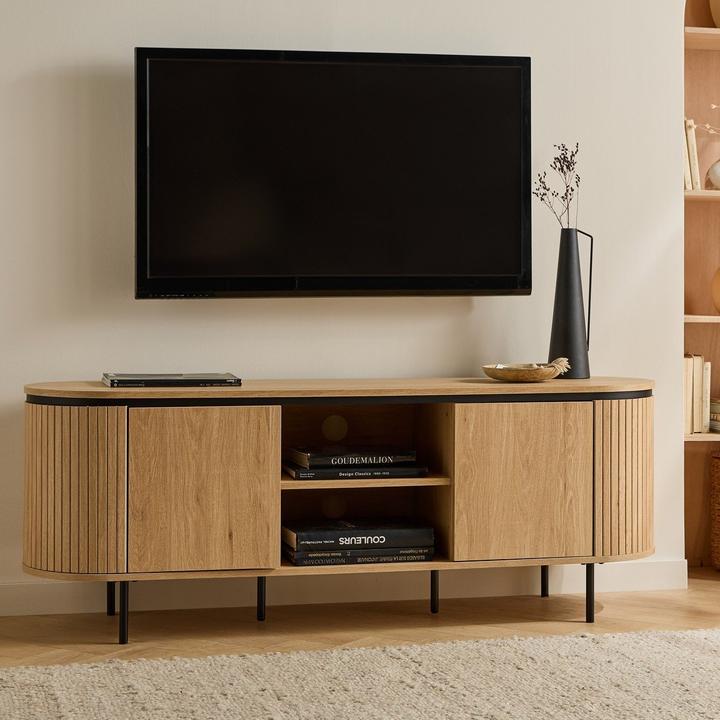 Image du produit CaliCosy Meuble TV 2 portes avec côtés effet rainuré L150 cm - MALAGA (150 x 40 x 55 cm)