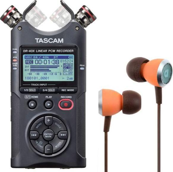Tascam DR-40X audio recorder with Audiofly earphones (Handheld)