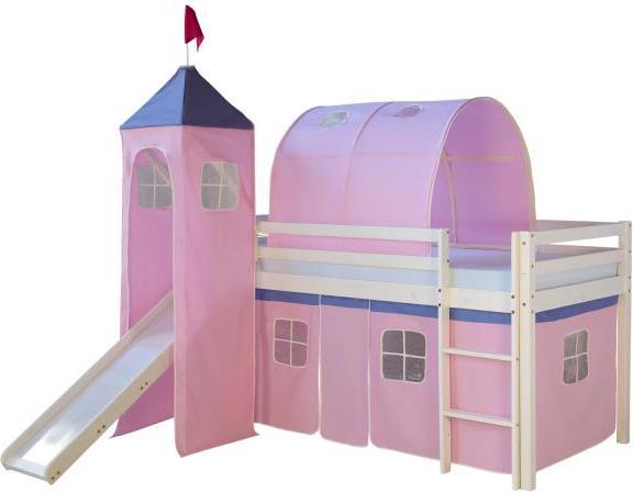 Immagine prodotto Homestyle4u Letto a soppalco per bambini con scivolo, scala, tenda in tessuto, torre e tunnel (90 x 200 cm)