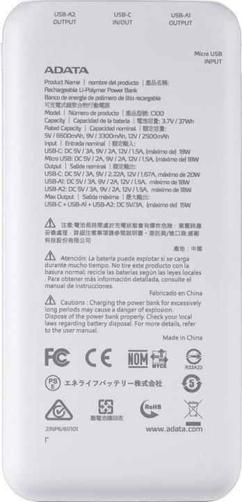Produktbild Adata POWER BANK USB 10000MAH WHITE/PC100-14WH (10000 mAh, 20 W, 37 Wh)