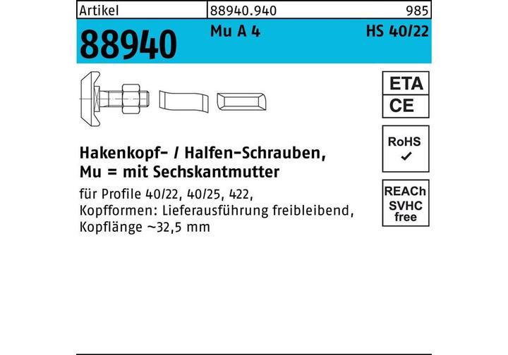 Image du produit Halfen Vis à tête rectangulaire R 88940 Type 40/22 Écrou hexagonal M 16 x 80 Mu A 4 (10 Vis par pièce)