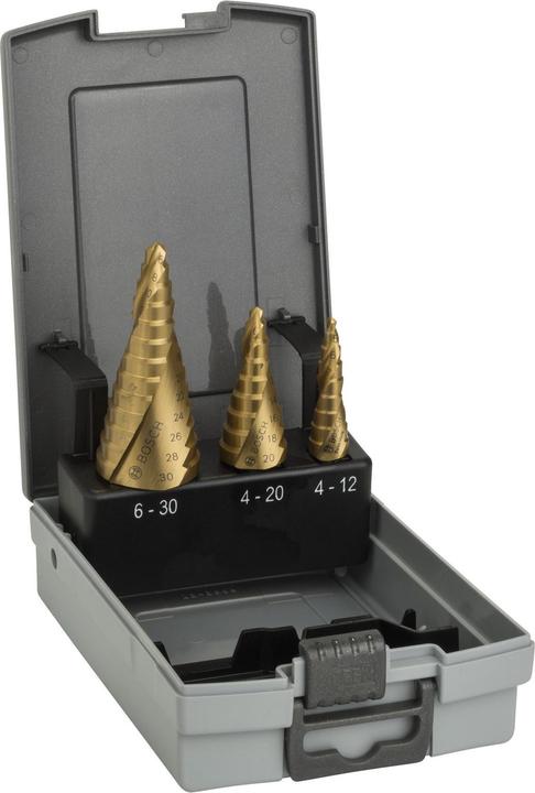 Actual product image Bosch Professional Zubehör HSS-TiN step drill set, 3 pcs., 4-12/4-20/6-30 (4-12mm, 4-20mm, 6-30mm)