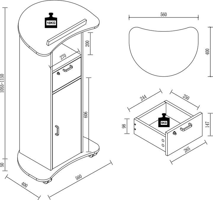 Produktbild VCM Holz Stehpult Rednerpult mobil Stehtisch rollbar Rollen Schublade Redola Tür (56 x 37 x 110 cm)