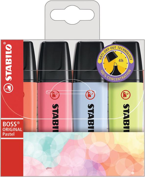 Produktbild STABILO BOSS ORIGINAL Pastel Textmarker (Limette, Korallenrot, Rosa, Wolkenblau, Kirschblüte, 5 mm, 4 x)