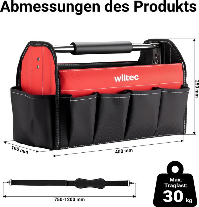 Produktbild Wiltec Werkzeugtasche 41x19x25,5cm Arbeitstasche 14 Fächer Werkzeug Tasche Gurt