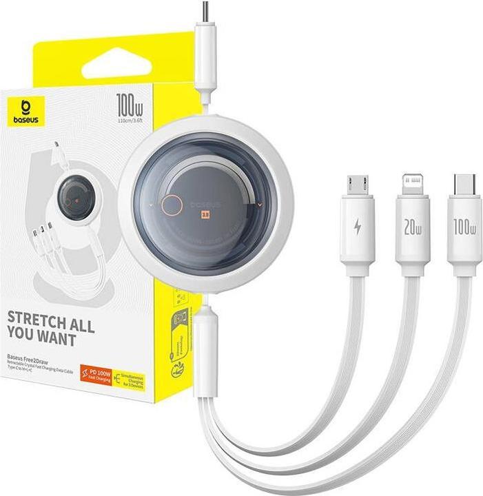 Productafbeelding Baseus Snellaadkabel 3in1 Free2Draw USB-C naar USB-C/Lightning/Micro 100W, 1,1m (wit) (1.10 m, USB 3.2 Gen 1, 100 W)