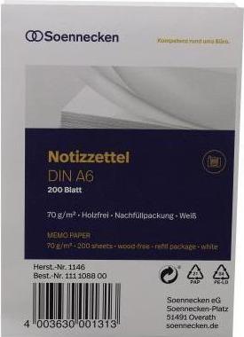 Soennecken Zettelboxeinlage Papierformat: DIN A6 Grammatur: 70 g/m² (70 g/m², A6)