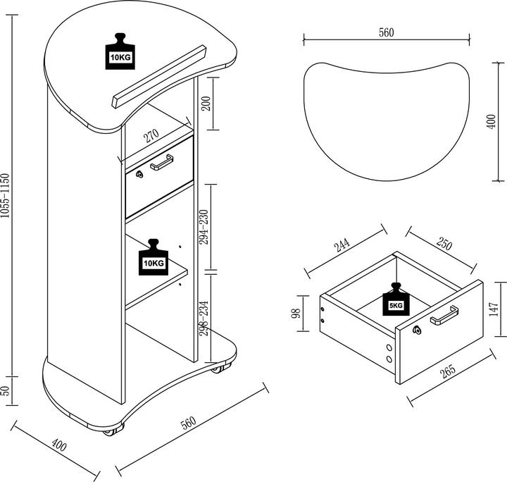 Immagine prodotto VCM Scrivania in piedi in legno Leggio Tavolo mobile in piedi Ruote rotanti Cassetto Redola (56 x 37 cm)