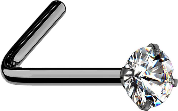 Star Piercing Nasenstecker gewinkelt schwarz runder Kristall silber gefasst (ohne Messing, Chirurgenstahl 316L)