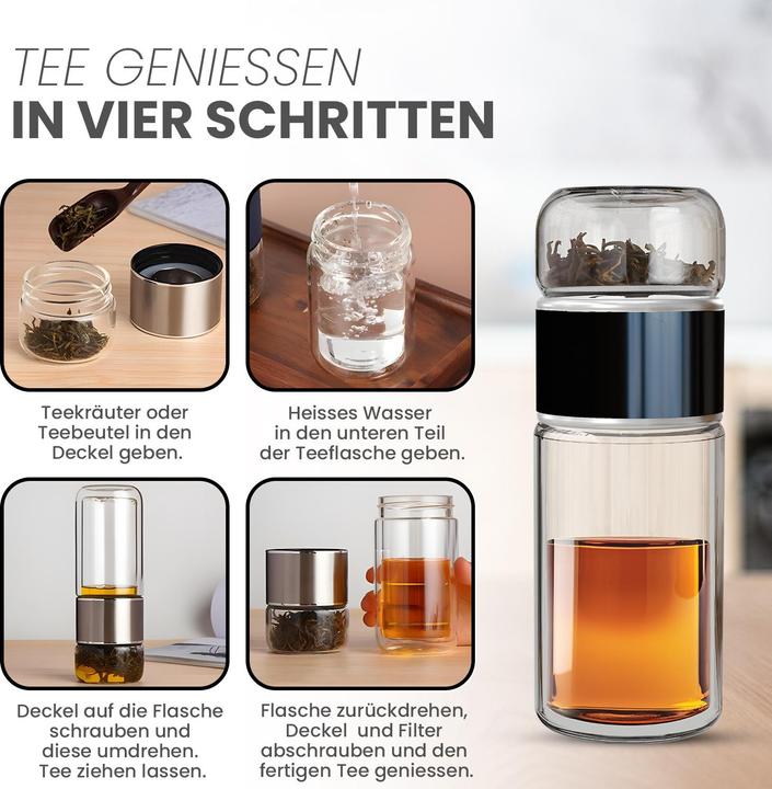 Actual product image Gewürzladen Näfels Rotatable tea bottle made of heat-resistant glass with tea filter - to go (0.24 l)
