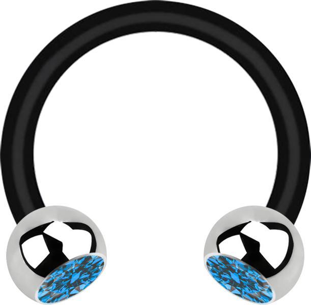 Star Piercing Micro Circular Barbell schwarz mit zwei Kugeln silber Kristall hellblau (Chirurgenstahl 316L, ohne Messing, Bioflex)