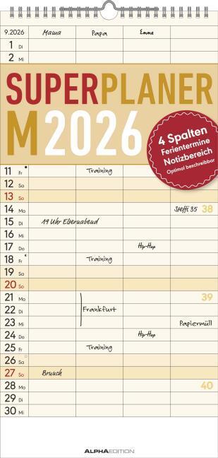 Alpha Edition Superplaner M 2026 4 Spalten - Familien-Timer 22x45 cm - Offset-Papier - mit Ferienterminen - (22 x 45 cm, Hardcover, German)