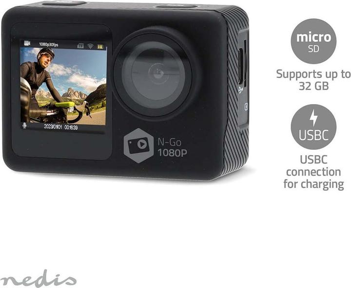 Actual product image Nedis Action Cam | Dual screen | 1080p@30fps | 12 MPixel | Waterproof up to: 30.0 m | 70 min | (30p, Wi-Fi)