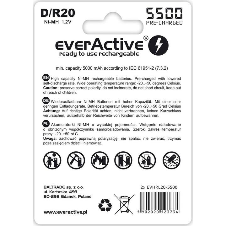 Actual product image Everactive Rechargeable batteries R20/D Ni-MH 5500 mAh ready to use - Battery - Mono (D) (2 pcs., D, 5500 mAh)