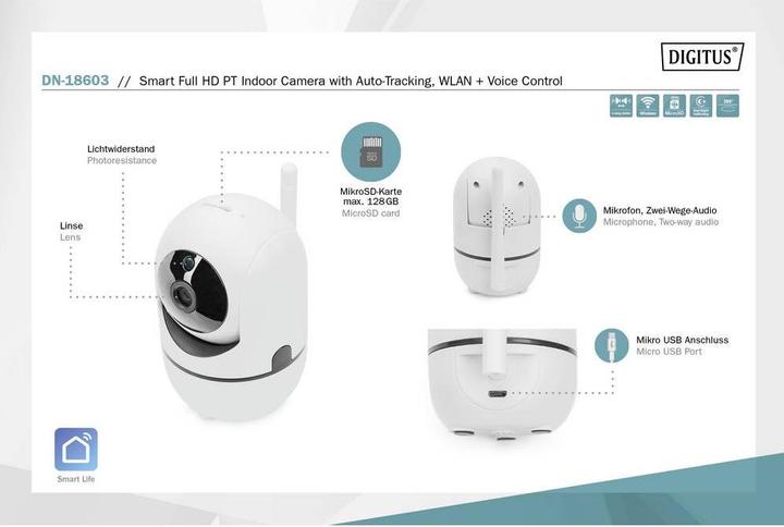 Produktbild Digitus Smarte Full HD PT-Innenkamera mit Auto-Tracking, WLAN + Sprachsteuerung (1920 x 1080 Pixels)