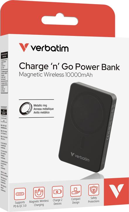 Immagine prodotto Verbatim Charge 'n' Go Essentials Power Bank Magnetic Wireless 10000mAh Black (10000 mAh, 20 W, 37 Wh)