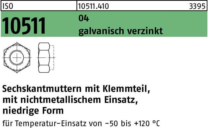 Produktbild Sechskantmutter ISO 10511 m.Klemmteil M 4 Automatenstahl galvanisch verzinkt (M4)