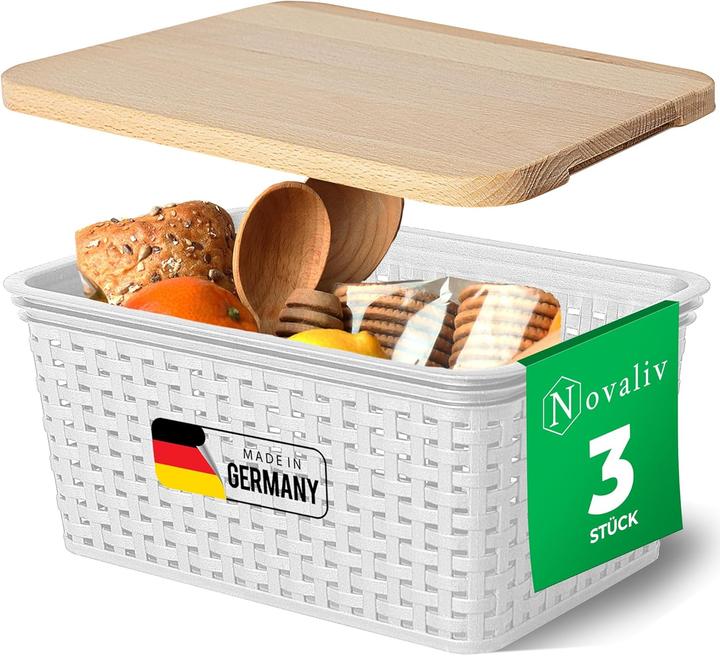 Image du produit Novaliv 3er Set Aufbewahrungsbox mit Holzdeckel Küche 5L Weiss Kunststoff Rattan-Optik Küche Aufbewah (5 l)