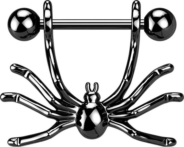 Produktbild Star Piercing Barbell schwarz mit zwei Kugeln Anhänger Spinne (Chirurgenstahl 316L, Messing)