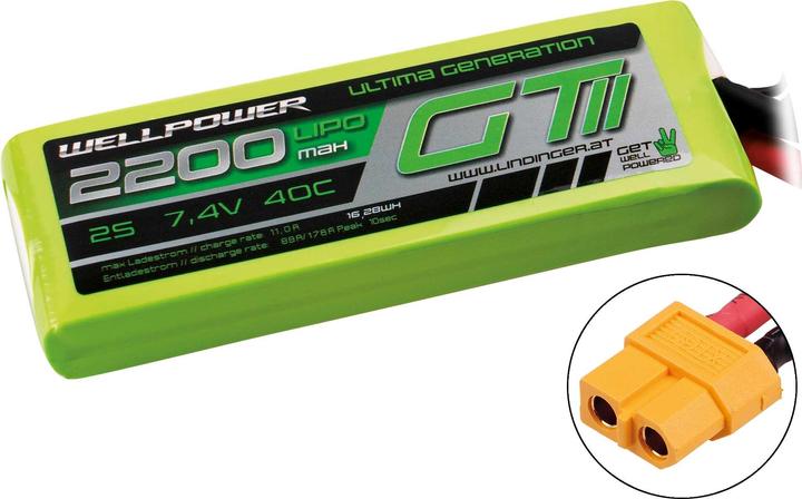 Actual product image Wellpower LIPO AKKU ULTIMA GT II 2200 mAh / 7,4 Volt 2S 40/80C CH-5/8 XT-60 (7.40 V, 2200 mAh)